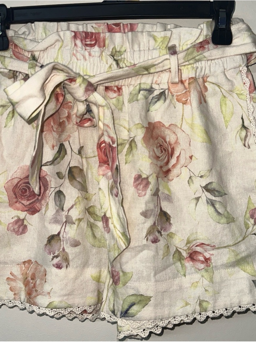 Caroline Constas Cream Floral Paperbag Shorts with Pink Rose Print